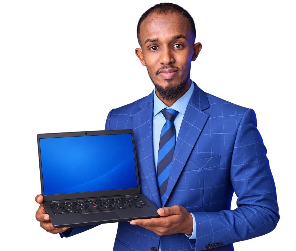 Cabdisamad smiling and holding the Shumac ThinkPad SO1960 laptop
